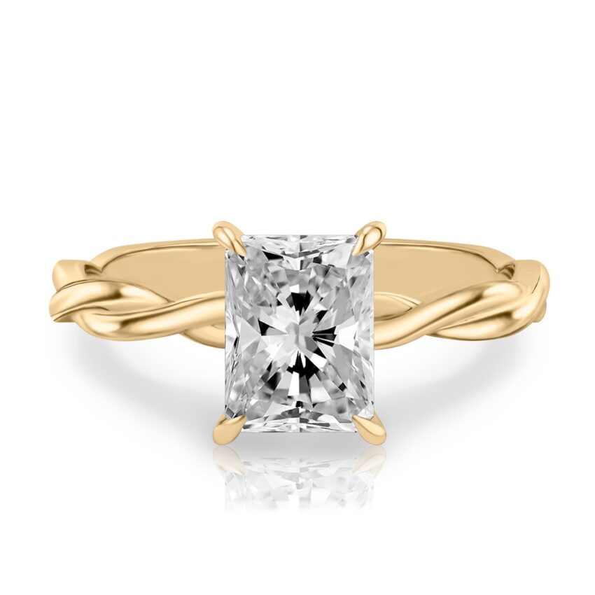 radiant cut diamond twisted hidden halo engagement ring in yellow gold