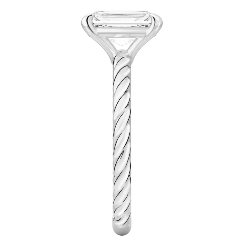 Side view of radiant cut diamond twisted rope engagement ring in palladium
