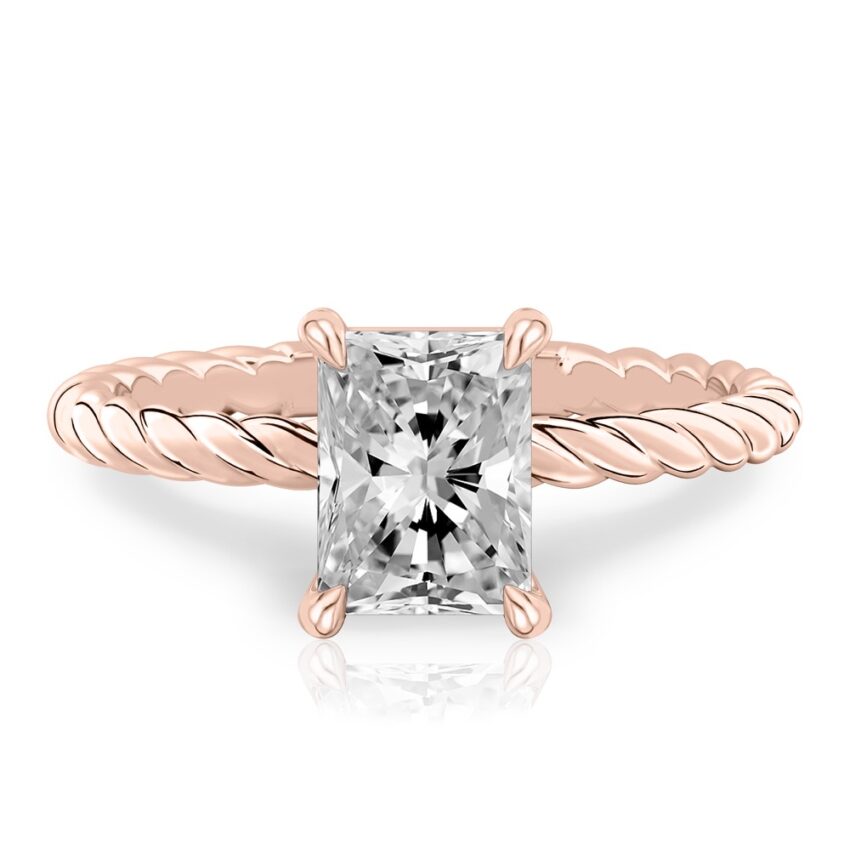 radiant cut diamond twisted rope engagement ring in rose gold
