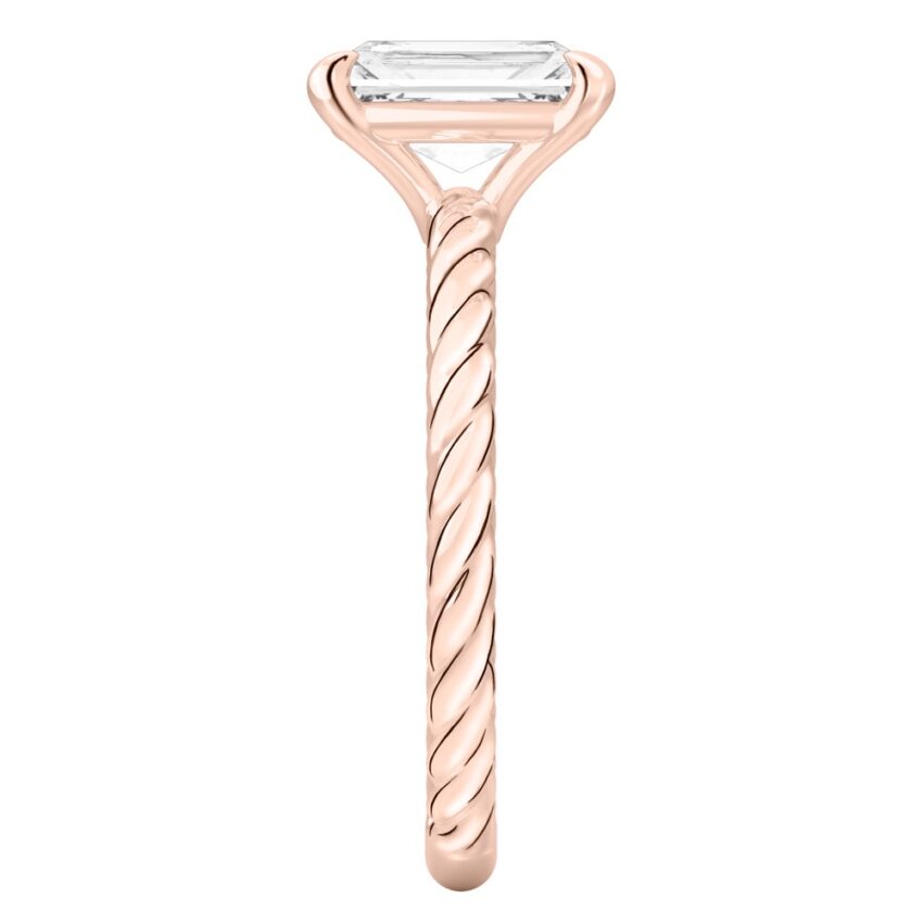 Side view of radiant cut diamond twisted rope engagement ring in rose gold
