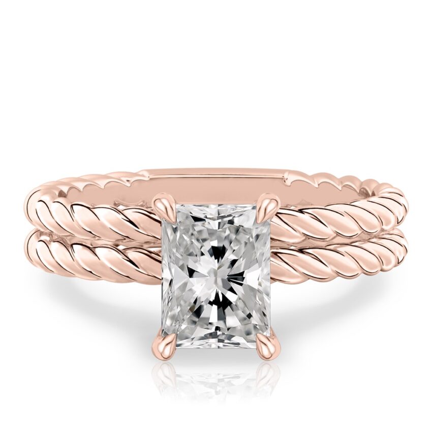 radiant cut diamond twisted rope engagement ring set rose gold