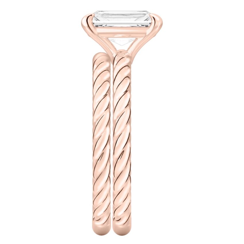 Side view of radiant cut diamond twisted rope engagement ring set rose gold