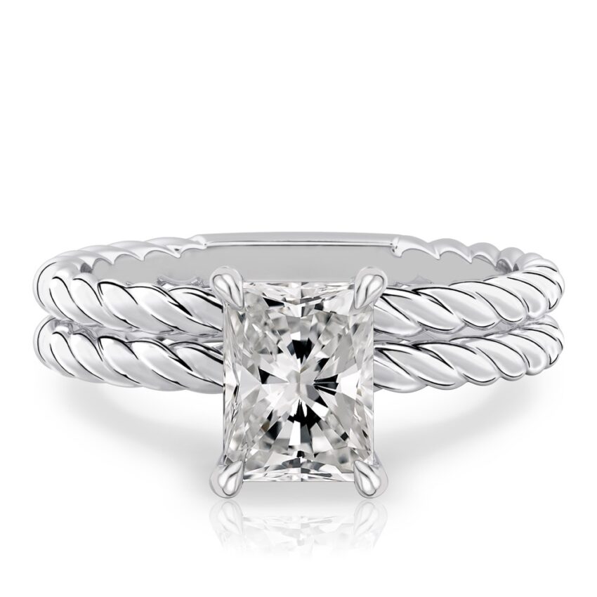 radiant cut diamond twisted rope engagement ring set white gold