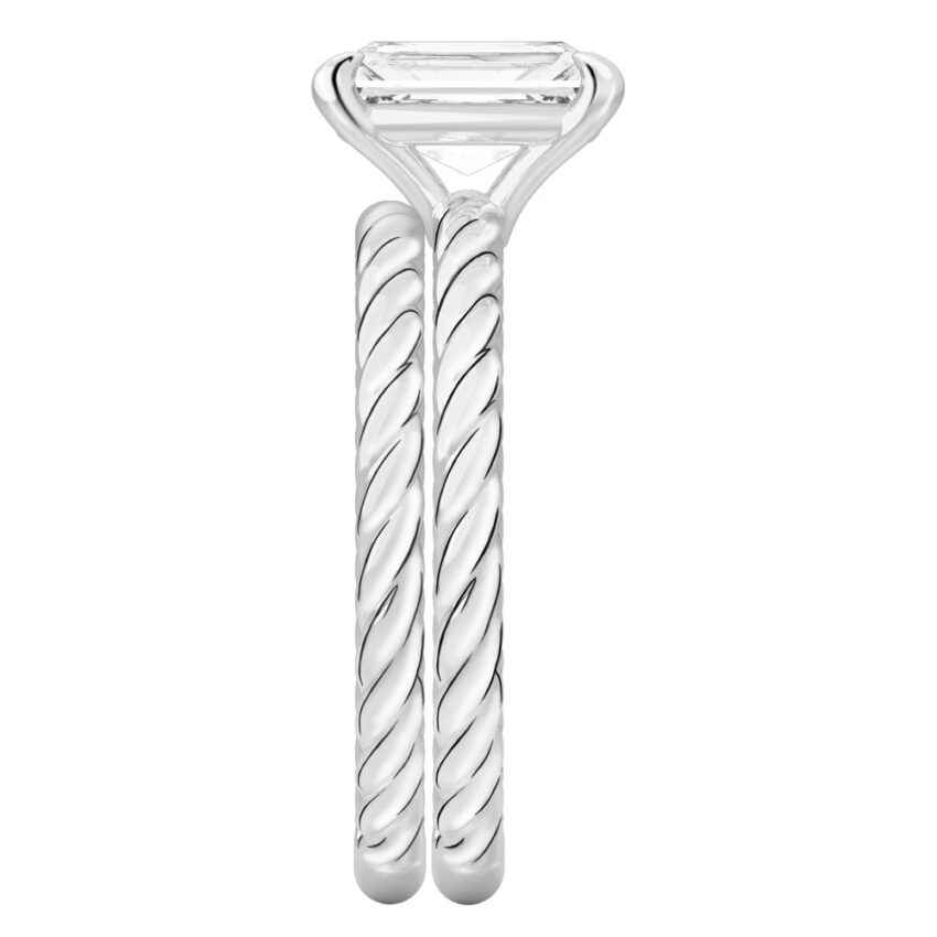 Side view of radiant cut diamond twisted rope engagement ring set white gold