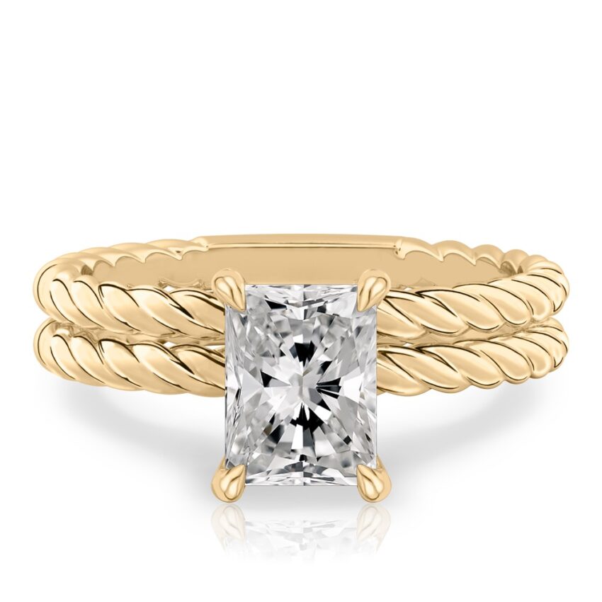 radiant cut diamond twisted rope engagement ring set yellow gold