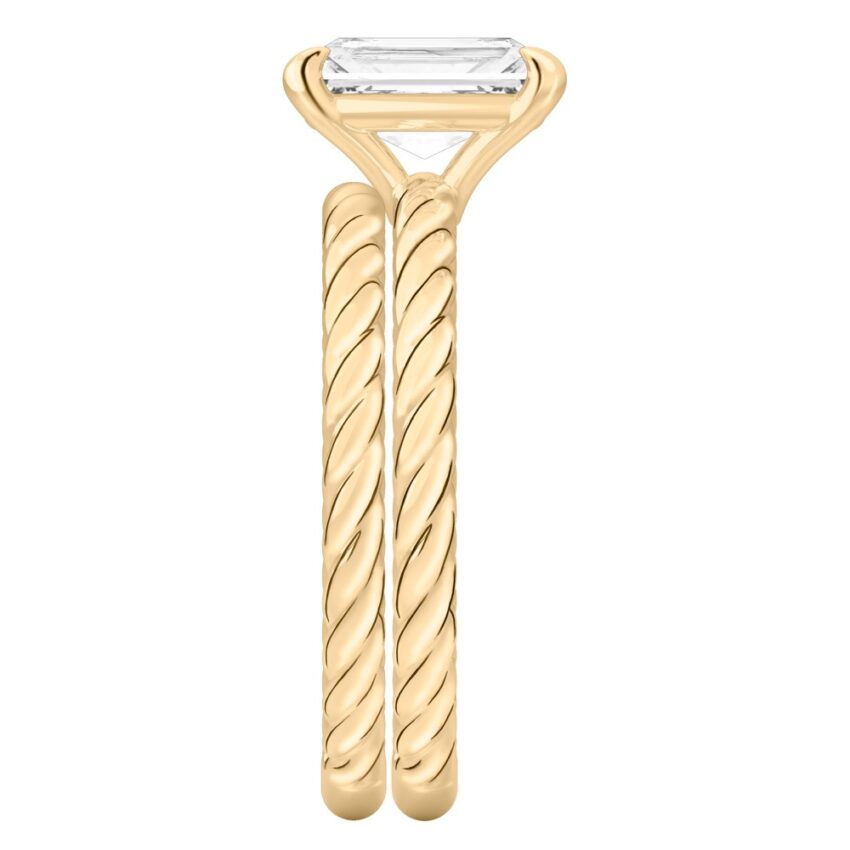 Side view of radiant cut diamond twisted rope engagement ring set yellow gold