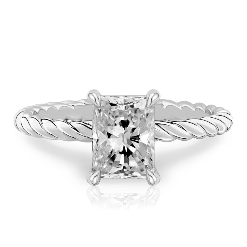 radiant cut diamond twisted rope engagement ring in white gold