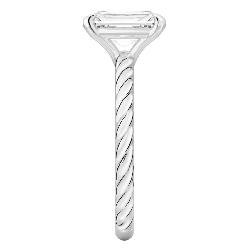 Side view of radiant cut diamond twisted rope engagement ring in white gold