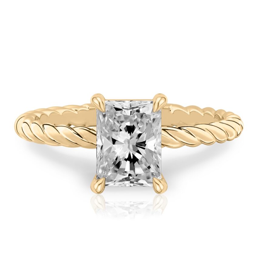 radiant cut diamond twisted rope engagement ring in yellow gold