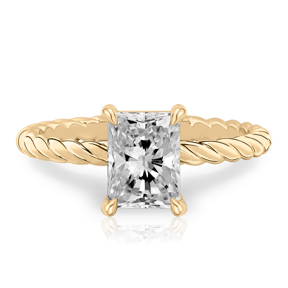 radiant cut diamond twisted rope engagement ring in yellow gold