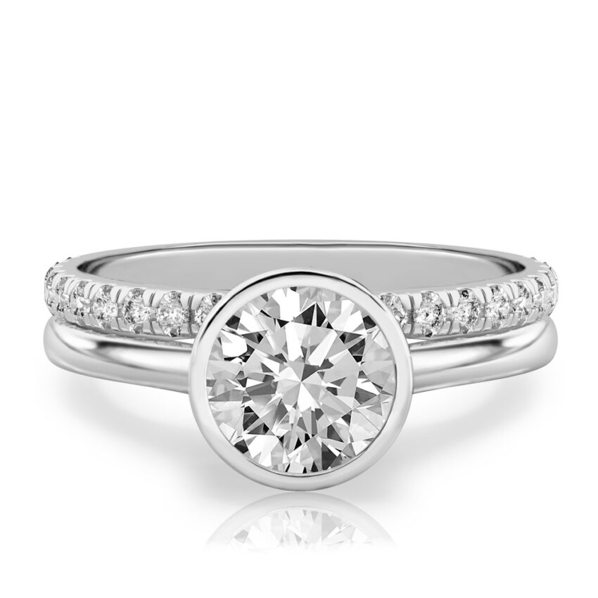 round cut diamond bezel engagement ring set platinum