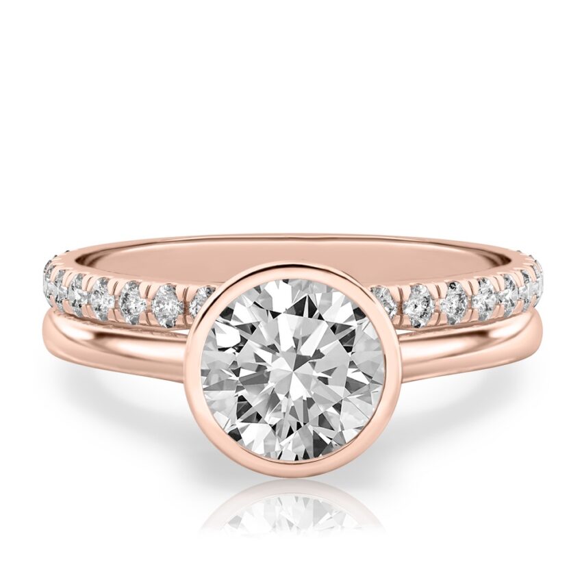 round cut diamond bezel engagement ring set rose gold