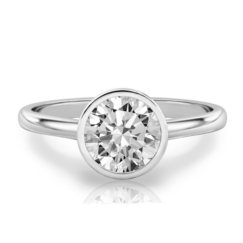 round cut diamond bezel engagement ring in white gold