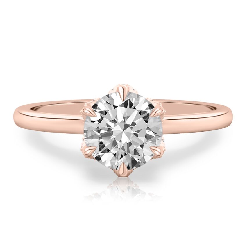 round cut diamond pave petal prong engagement ring in rose gold