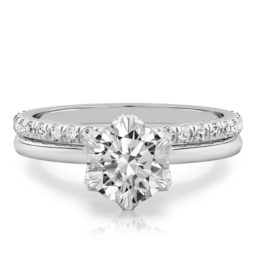 round cut diamond pave petal prong engagement ring set palladium