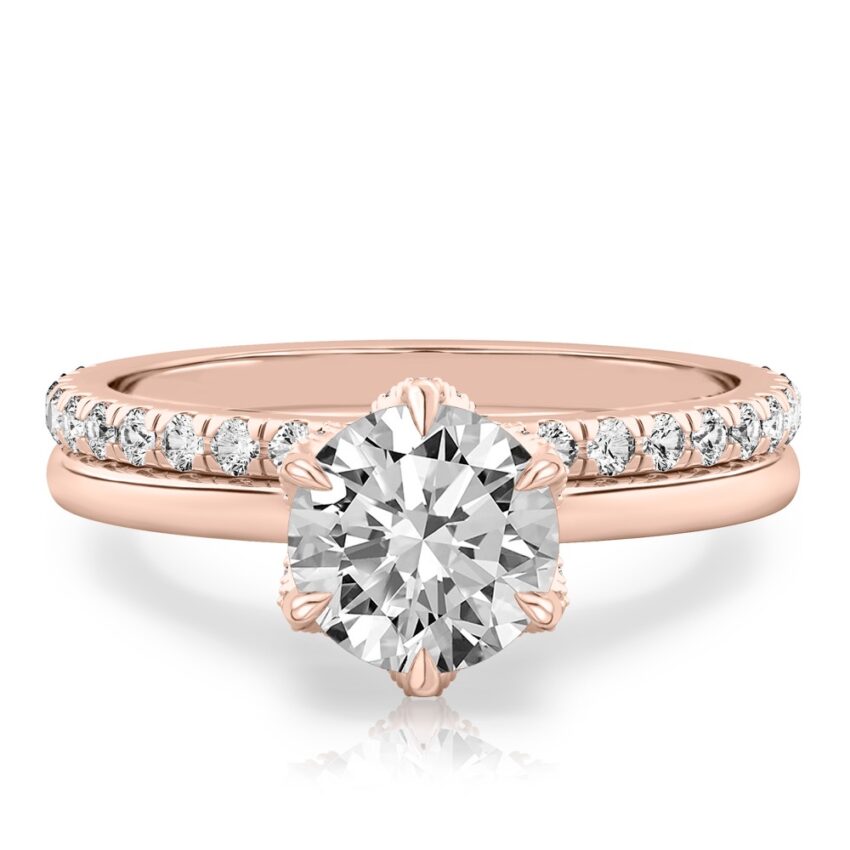 round cut diamond pave petal prong engagement ring set rose gold