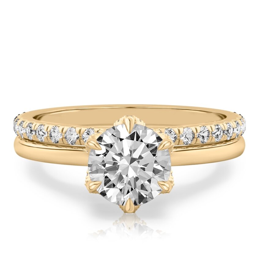 round cut diamond pave petal prong engagement ring set yellow gold