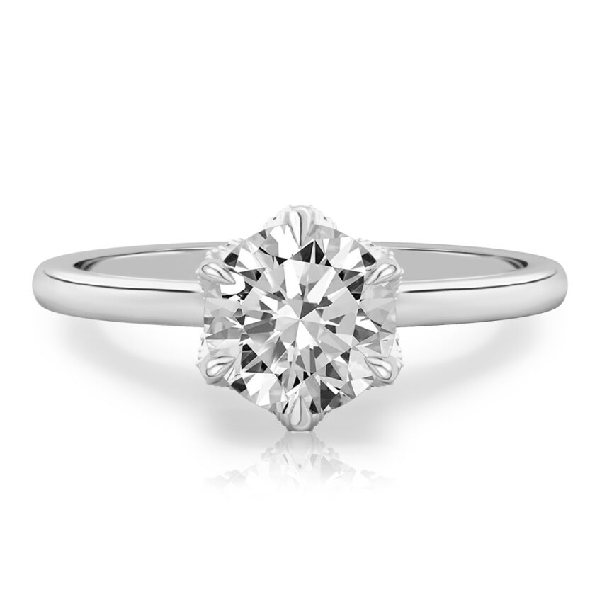round cut diamond pave petal prong engagement ring in white gold