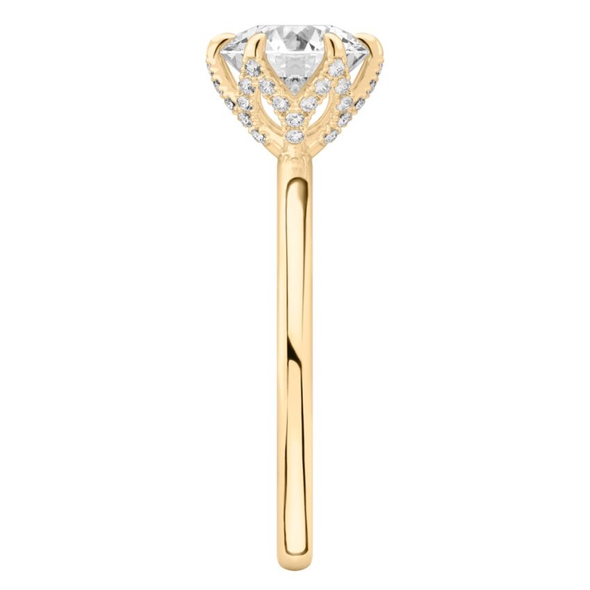 Side view of round cut diamond pave petal prong engagement ring in yellow gold