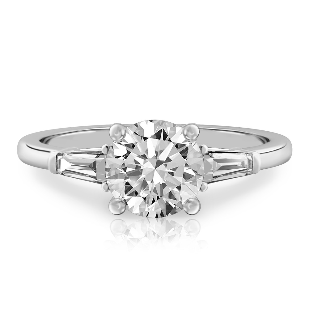 round cut diamond tapered baguette engagement ring in platinum