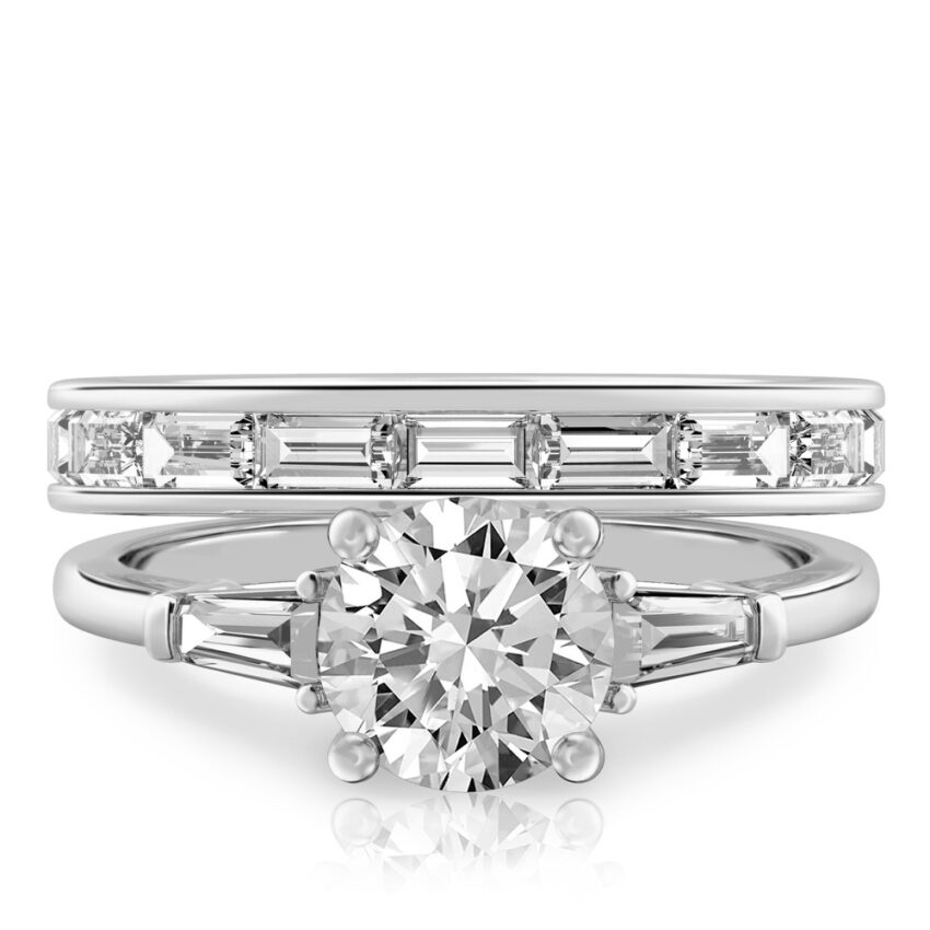 round cut diamond tapered baguette engagement ring set platinum