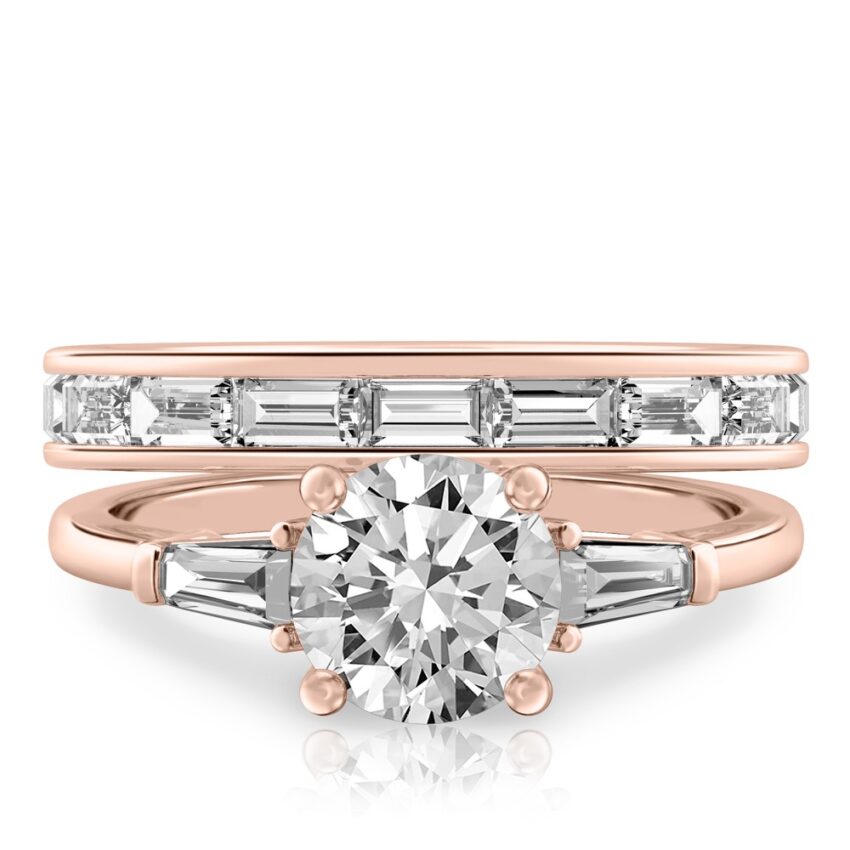 round cut diamond tapered baguette engagement ring set rose gold
