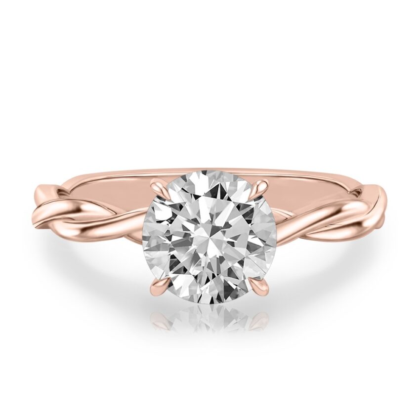 round cut diamond twisted hidden halo engagement ring in rose gold