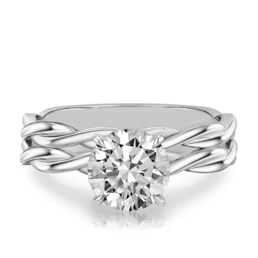 round cut diamond twisted hidden halo engagement ring set platinum