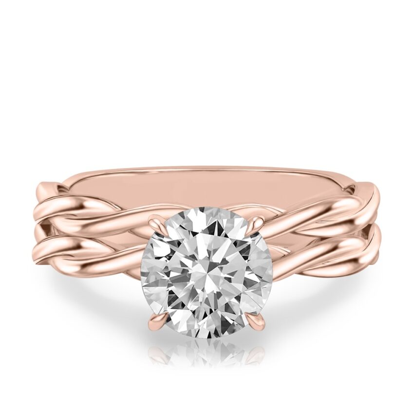 round cut diamond twisted hidden halo engagement ring set rose gold