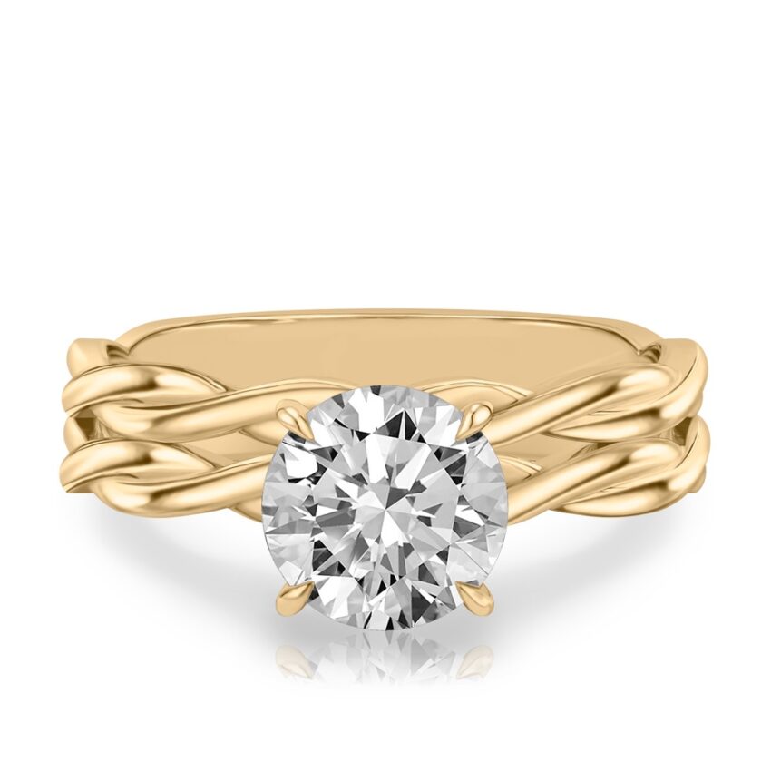 round cut diamond twisted hidden halo engagement ring set yellow gold