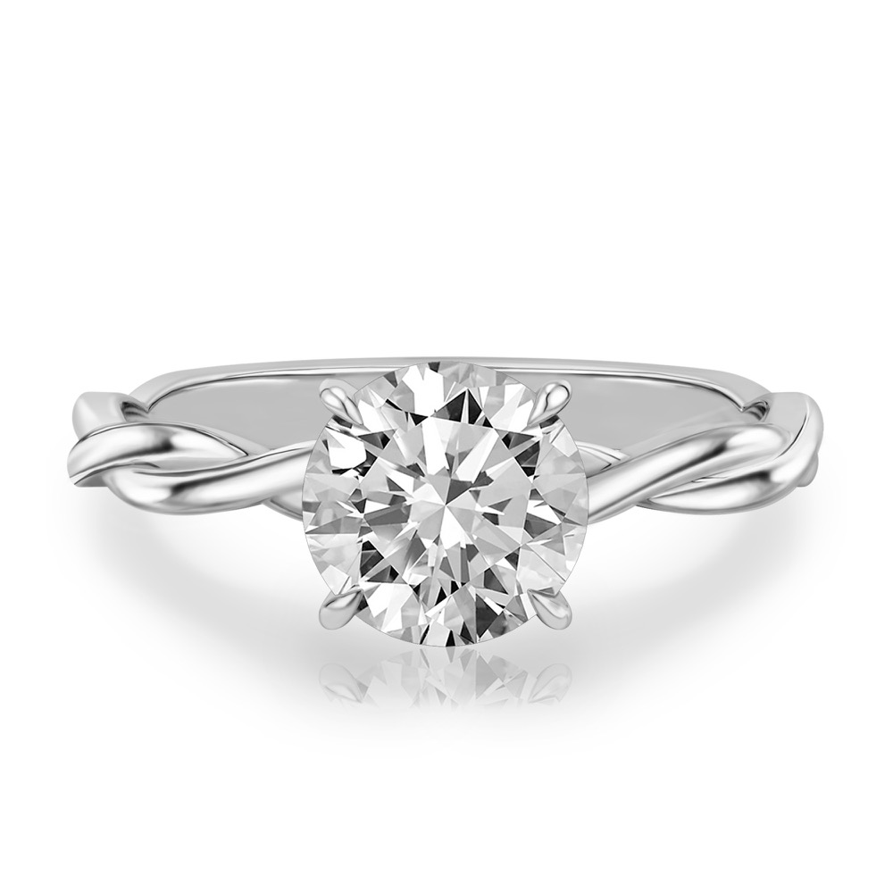 round cut diamond twisted hidden halo engagement ring in white gold