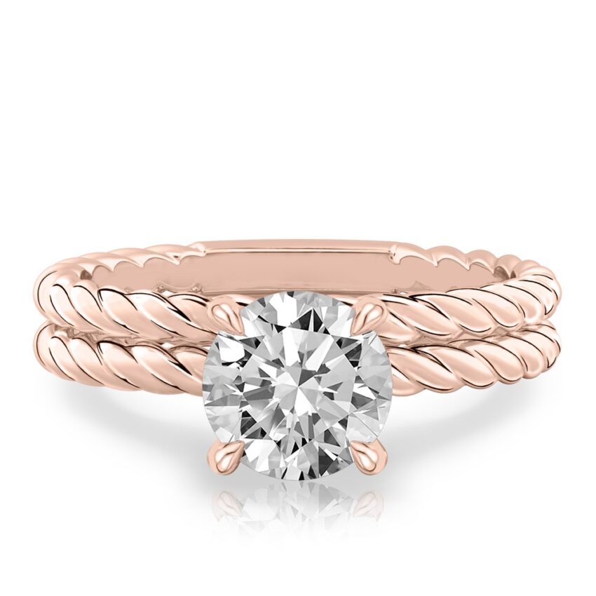 round cut diamond twisted rope engagement ring set rose gold