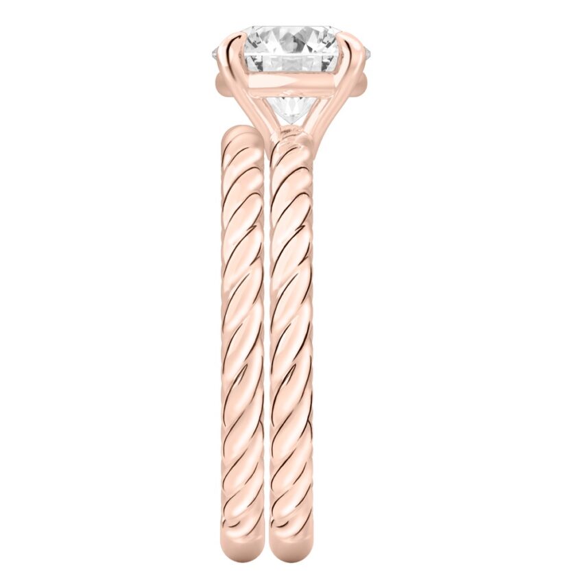 Side view of round cut diamond twisted rope engagement ring set rose gold