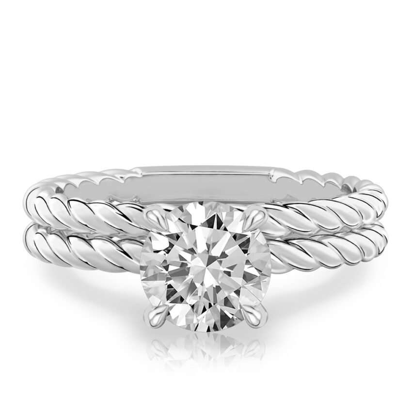 round cut diamond twisted rope engagement ring set white gold