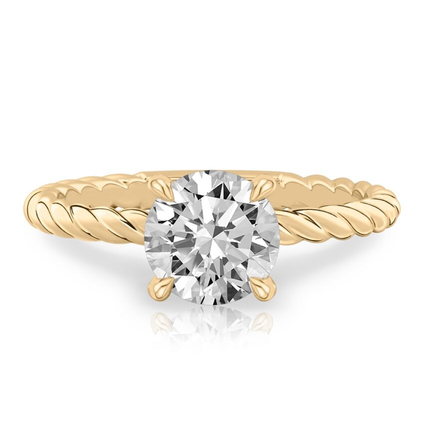 round cut diamond twisted rope engagement ring in yellow gold