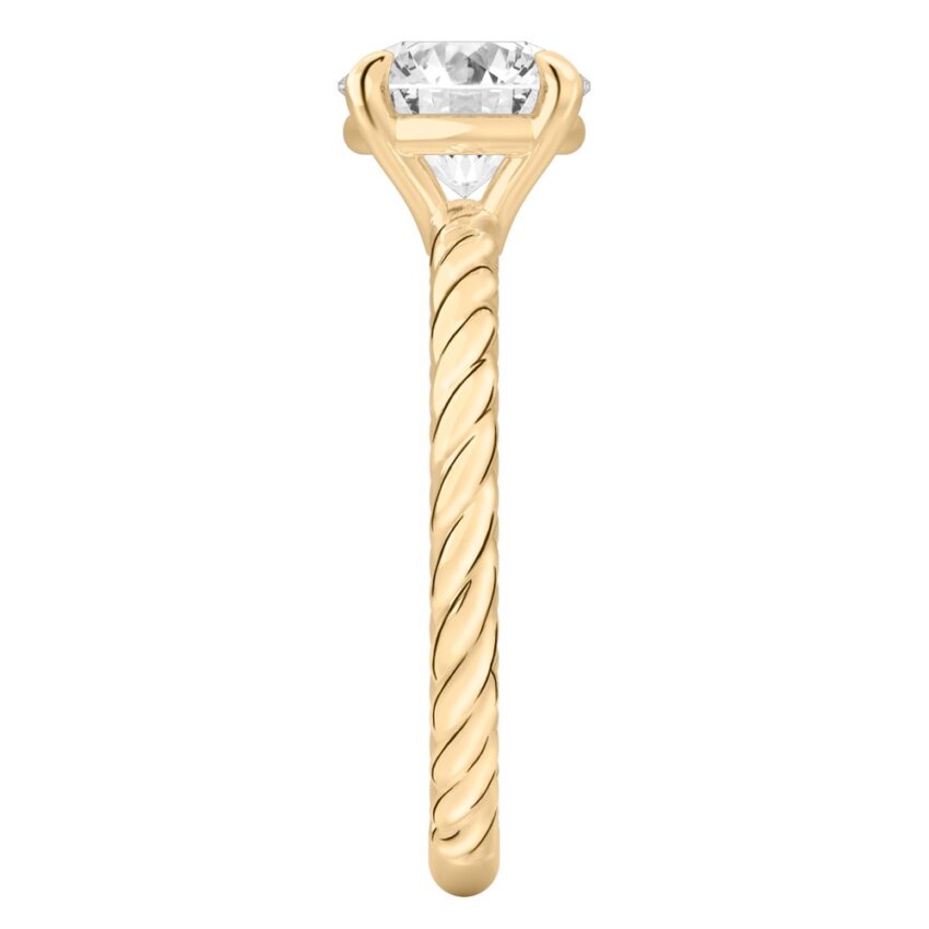 Side view of round cut diamond twisted rope engagement ring in yellow gold