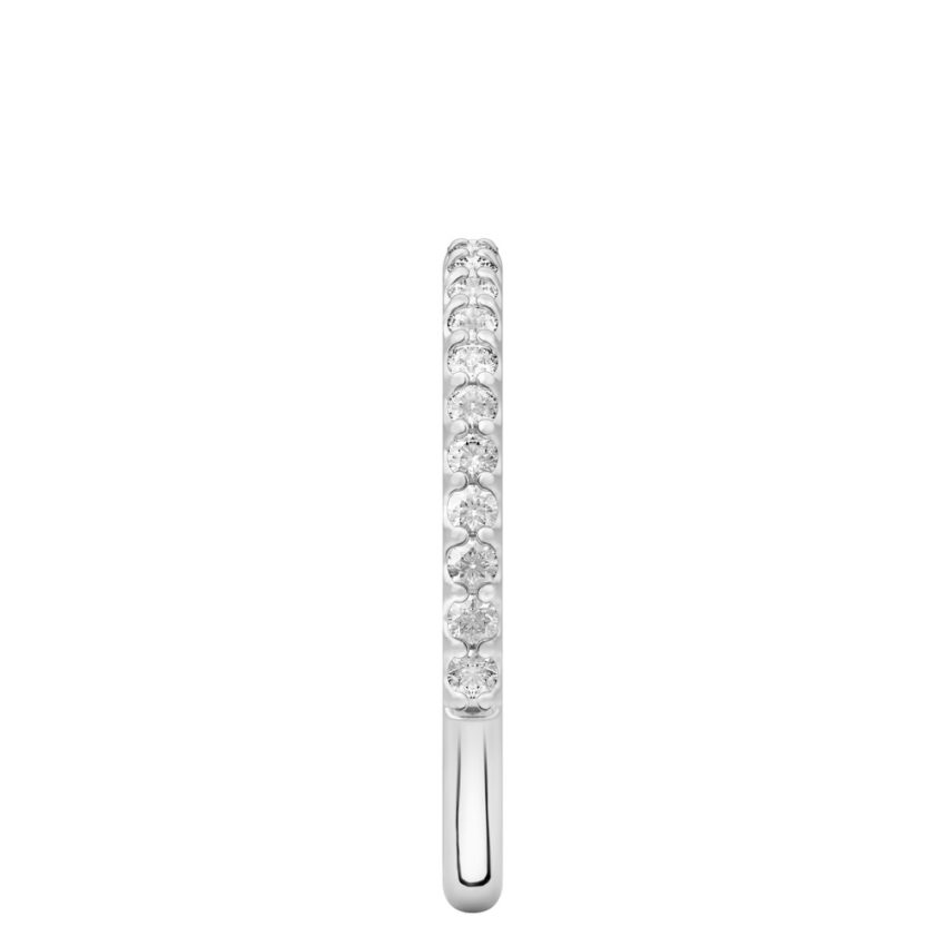 Side view of shared prong wedding band in platinum