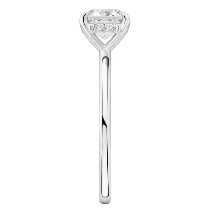 Side view of asscher cut diamond hidden halo engagement ring in palladium