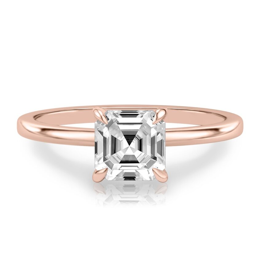 asscher cut diamond hidden halo engagement ring in rose gold