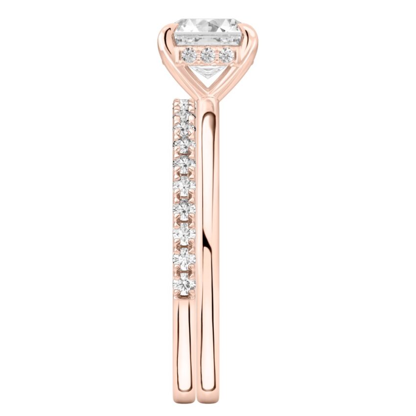 Side view of asscher cut diamond hidden halo engagement ring set rose gold