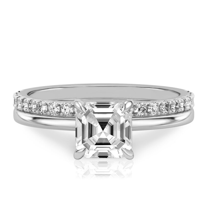 asscher cut diamond hidden halo engagement ring set white gold