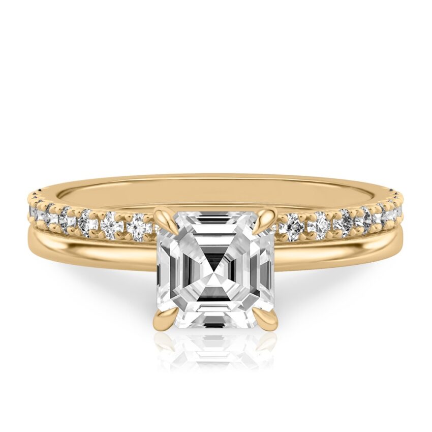 asscher cut diamond hidden halo engagement ring set yellow gold