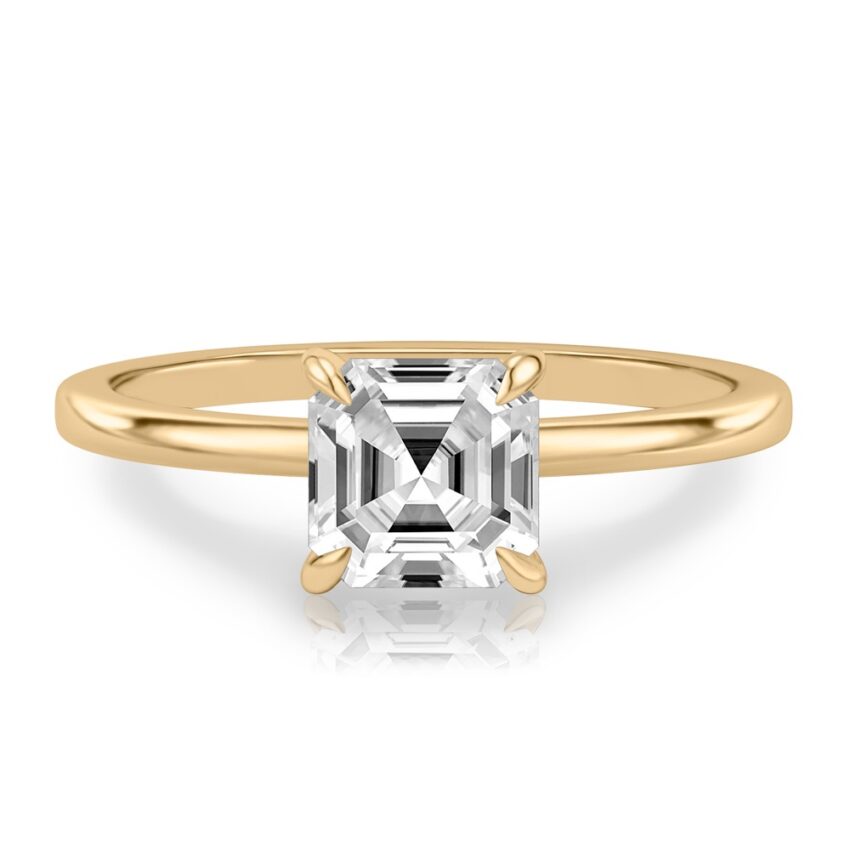 asscher cut diamond hidden halo engagement ring in yellow gold