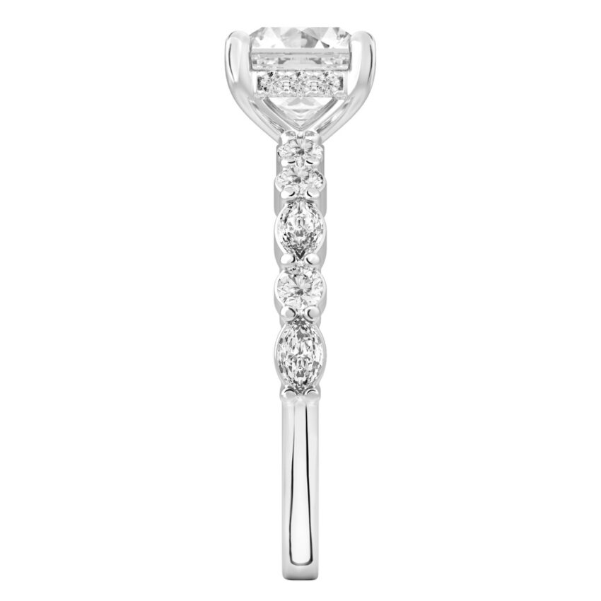Side view of asscher cut diamond hidden halo marquise and round diamond ring palladium