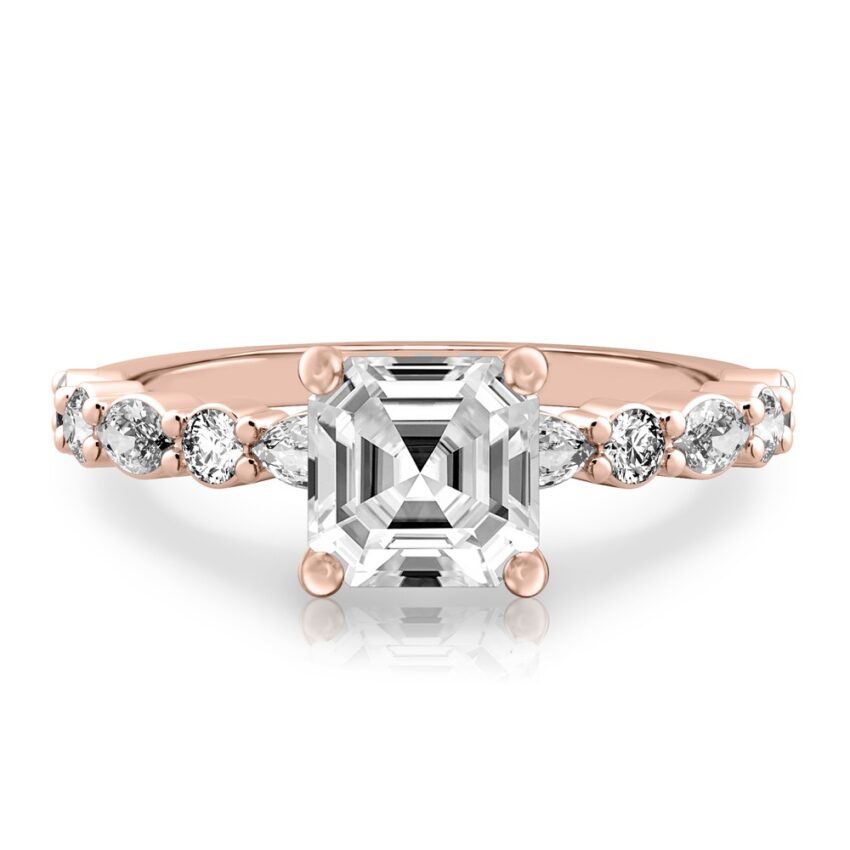 asscher cut diamond hidden halo marquise and round diamond ring rose gold