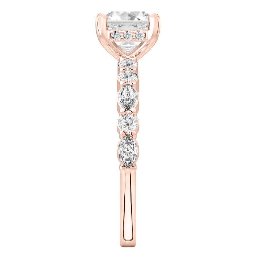 Side view of asscher cut diamond hidden halo marquise and round diamond ring rose gold