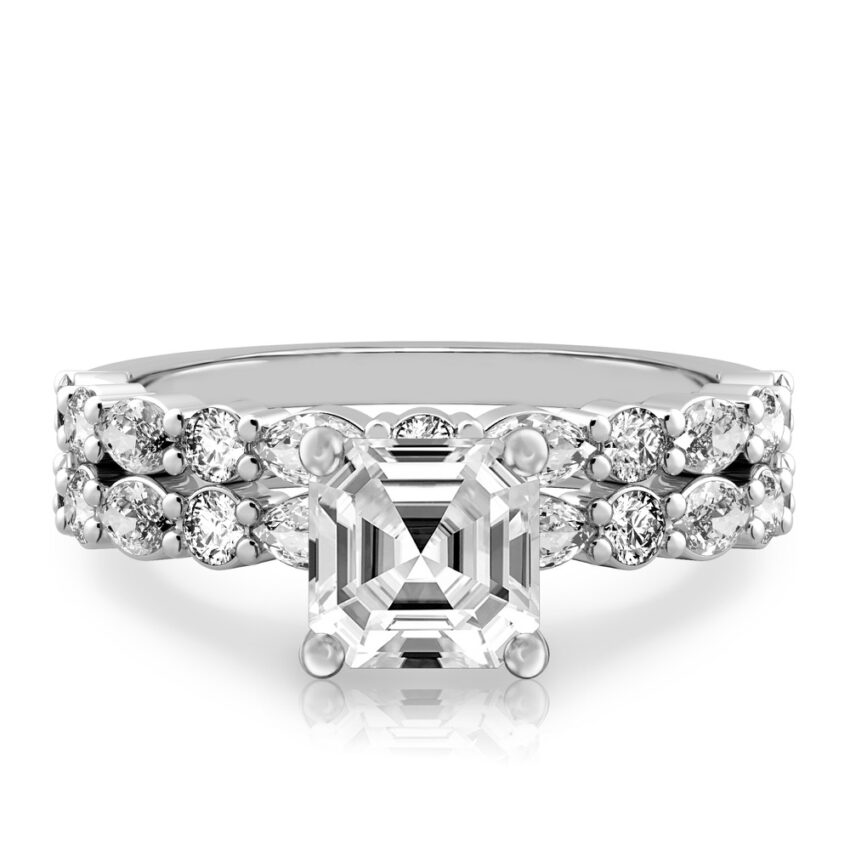 asscher cut diamond hidden halo marquise and round diamond ring set platinum