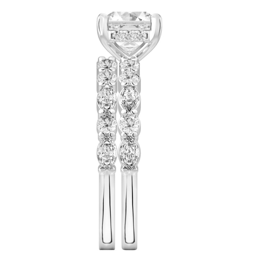 Side view of asscher cut diamond hidden halo marquise and round diamond ring set platinum