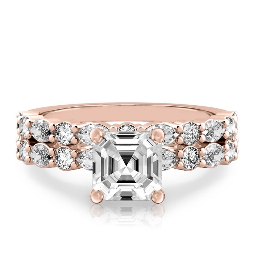 asscher cut diamond hidden halo marquise and round diamond ring set rose gold