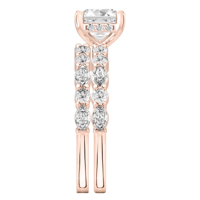 Side view of asscher cut diamond hidden halo marquise and round diamond ring set rose gold